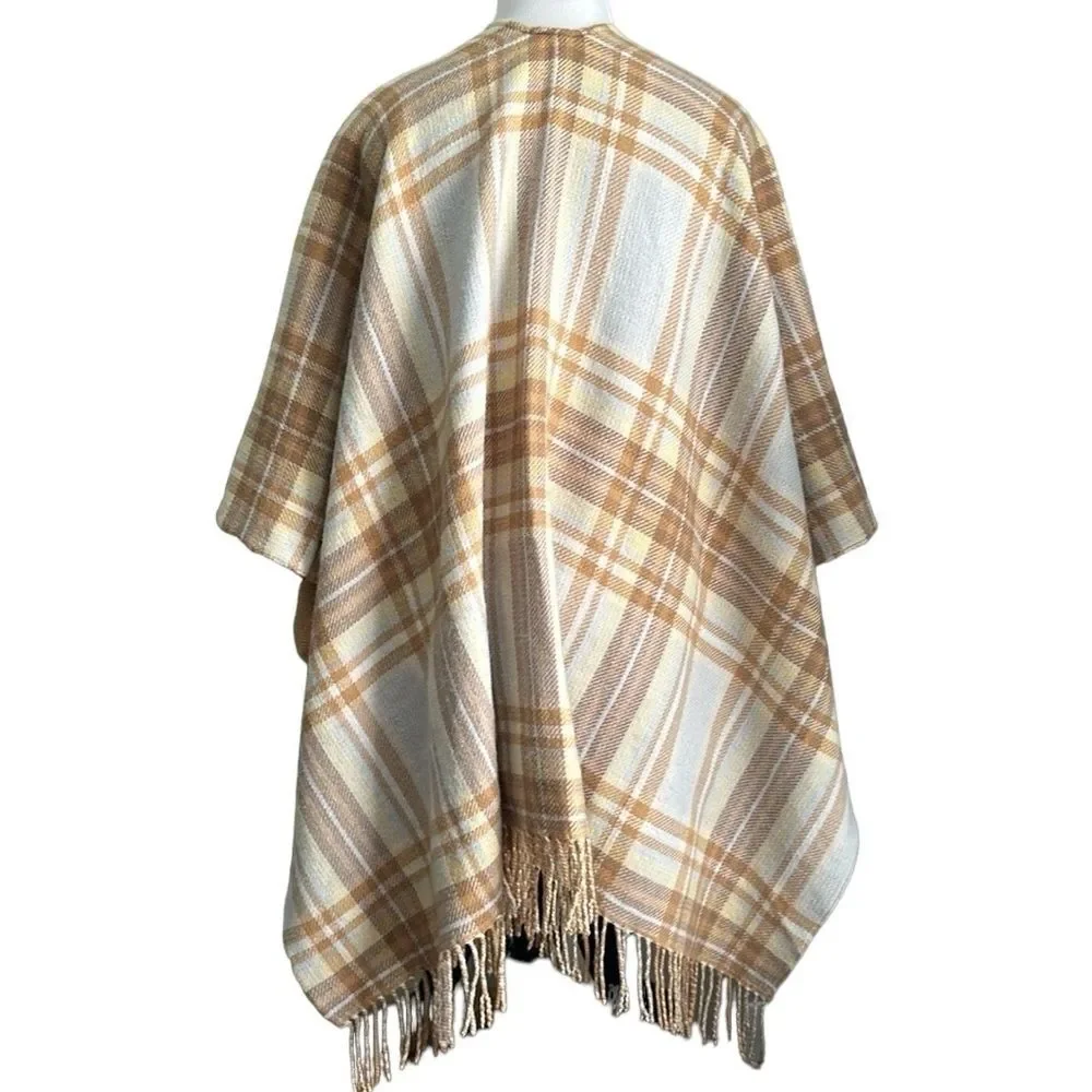 J. Crew Reversible Blanket Poncho Wrap Wool Blend with Fringe Size XS/S